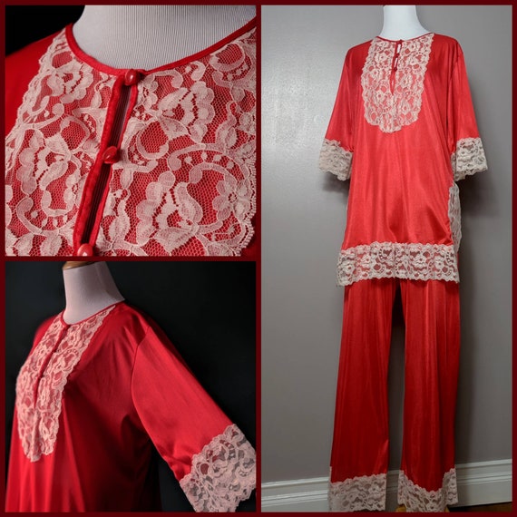 Vintage 60s 70s Red and White Lace Valentines Day… - image 1