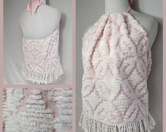 Haut dos nu en chenille recyclé rose et blanc vintage