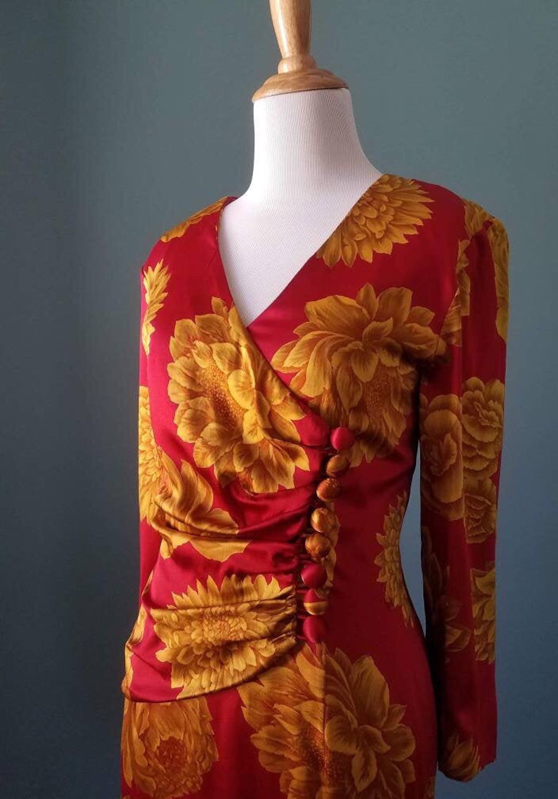 Vintage 40s Floral Silk Dress Vintage 80s Silk Red and Gold Floral Dress image 2