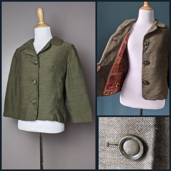 Vintage 50s 60s Olive Green Floral Tweed Jacket B… - image 1