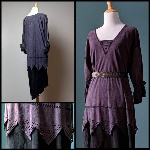 90s does 20s  Vintage Purple and Black Suede Dress - image 1