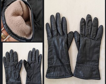 Vintage Black Genuine Leather Fleece Lined Gloves