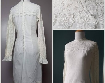 60s 70s White Linen Cotton Lace Bohemian Wedding Hippie Mod Ruffle Sleeve Dress