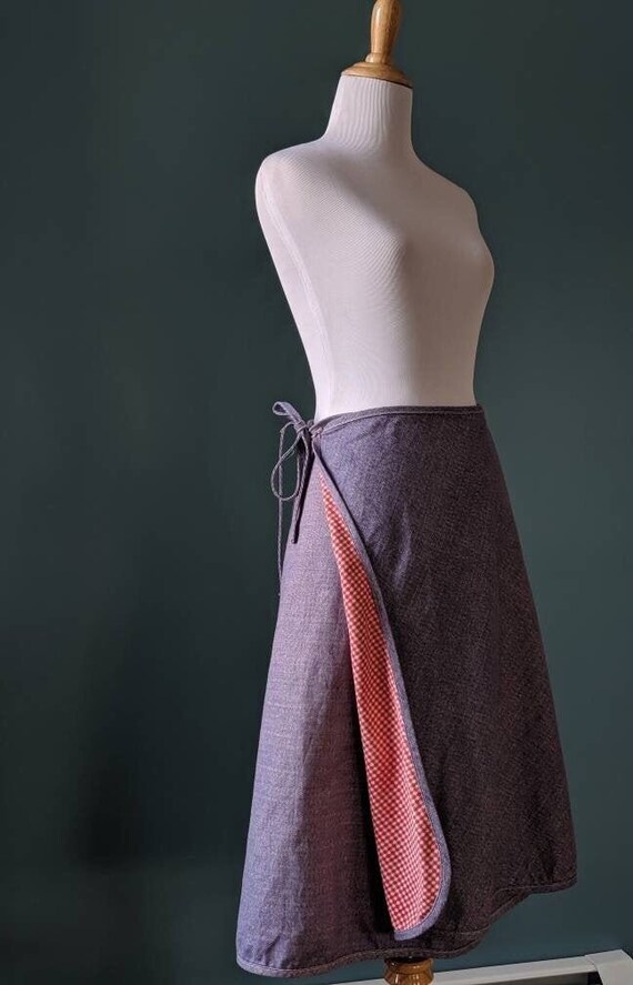 Vintage 70s Denim and Gingham Wrap Skirt