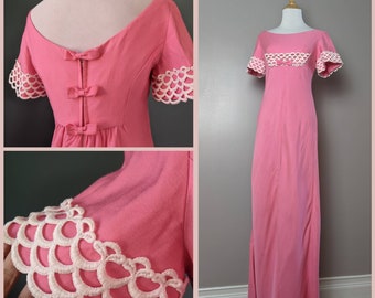 Vintage 60s Lorrie Deb Fuchsia Pink Scalloped Embroidered Trim Bow Maxi Dress