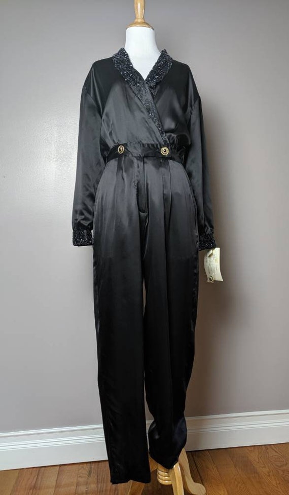 Vintage 90s Black Silk Beaded Jumpsuit Dead Stock… - image 2