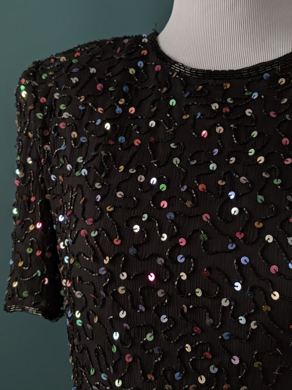 Vintage 80s 90s Black Silk Beaded Rainbow Sequin … - image 4