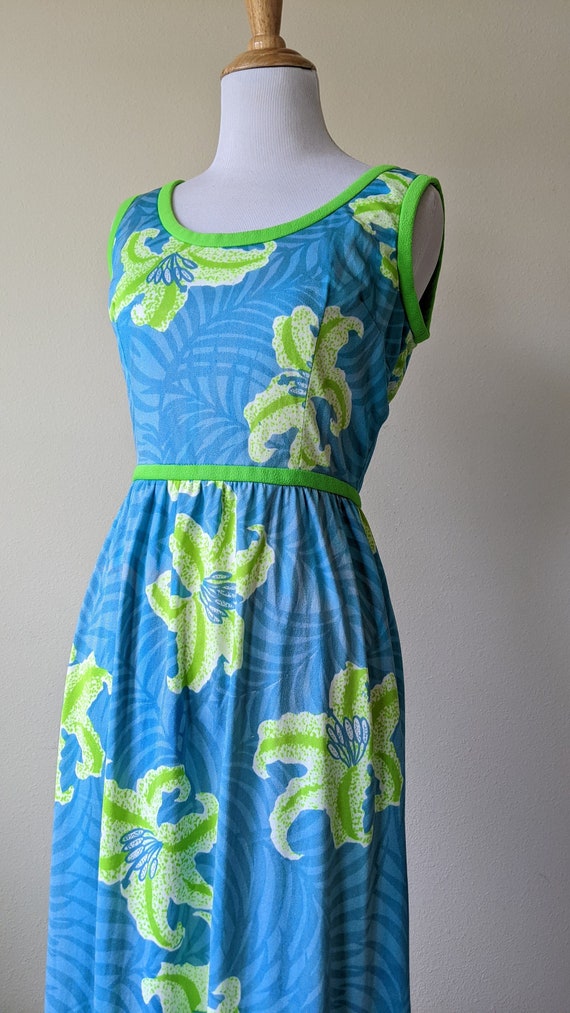 Vintage 60s 70s tropical floral turquoise floresc… - image 3