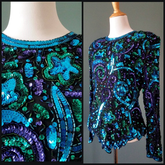 Vintage 80s Blue Black Green Purple Celestial Sta… - image 1