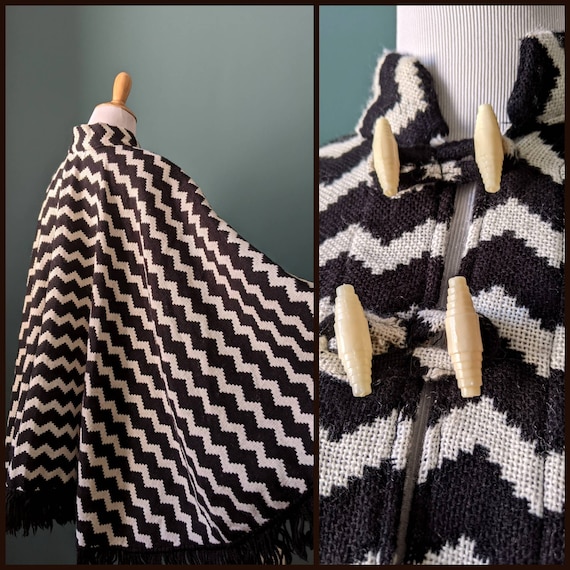 Vintage 50s 60s Black and White Chevron Wool Ponc… - image 1