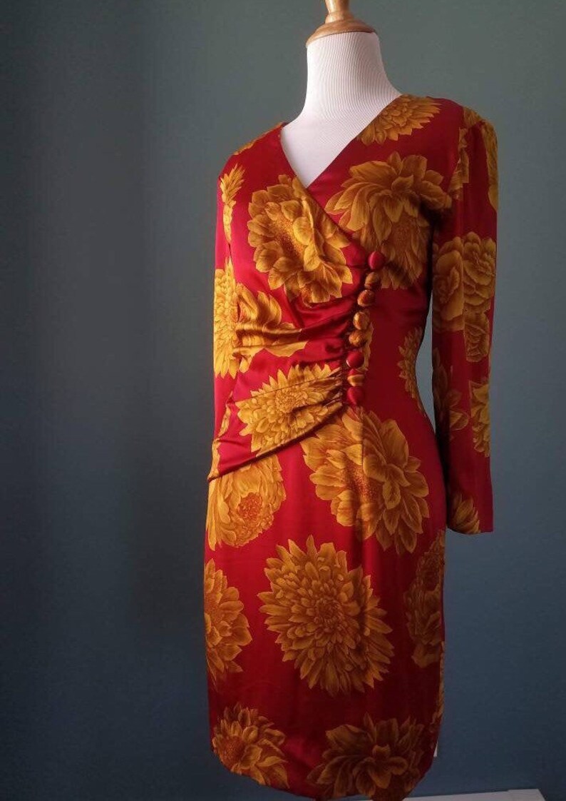 Vintage 40s Floral Silk Dress Vintage 80s Silk Red and Gold Floral Dress image 3