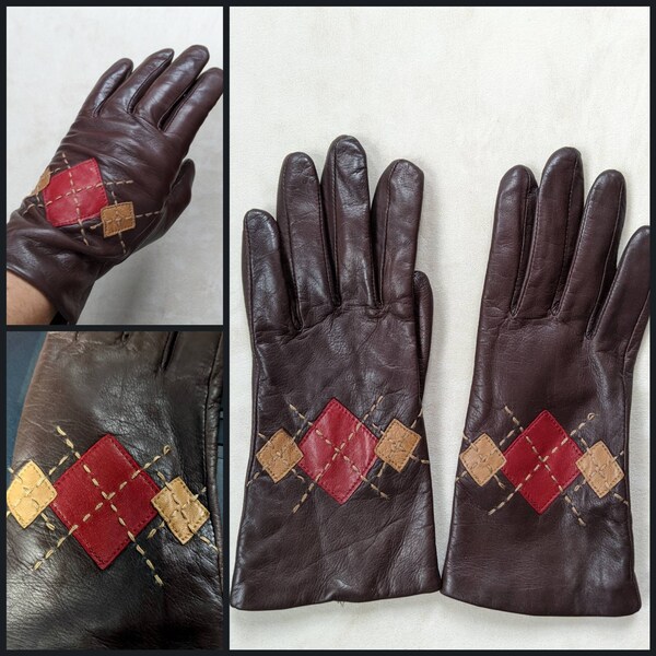 Vintage Genuine Brown Leather Argyle Fleece lined Gloves