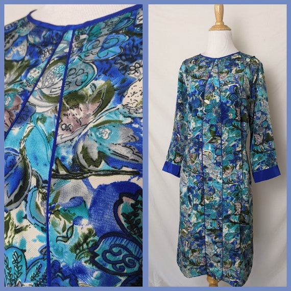 Vintage 60s 70s Tonal Blue and Teal Floral Dress - image 1