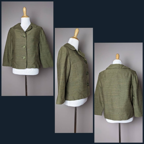 Vintage 50s 60s Olive Green Floral Tweed Jacket B… - image 8