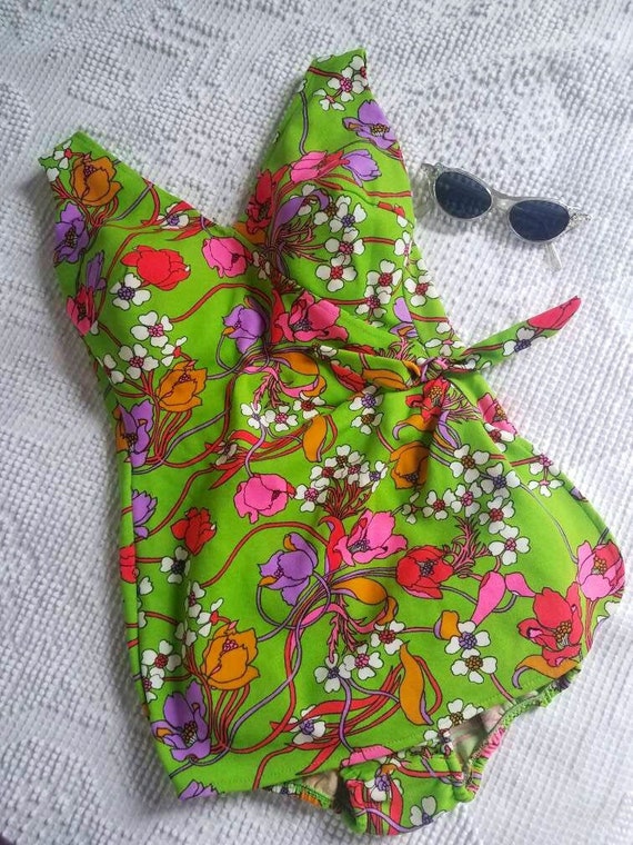 60s Vintage Floral Day Glow Swimsuit