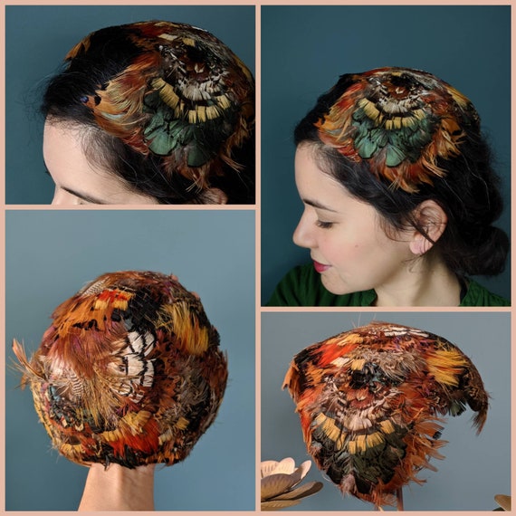 Vintage 40s 50s Pheasant Feather Brown Yellow Gree