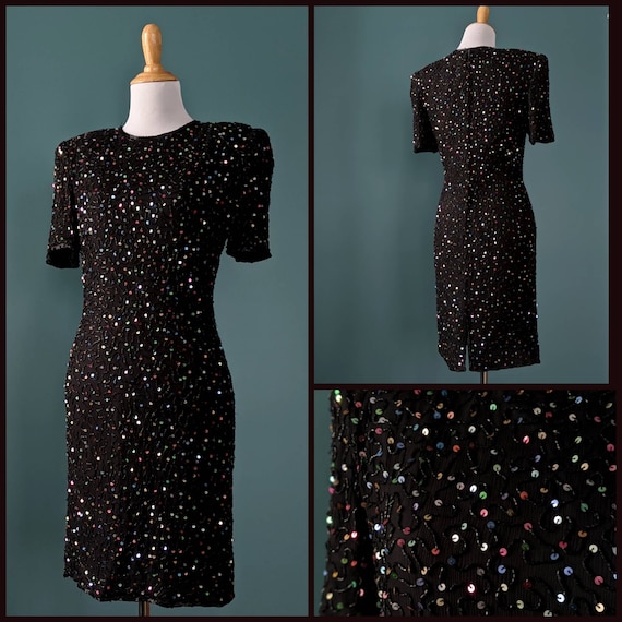 Vintage 80s 90s Black Silk Beaded Rainbow Sequin … - image 1