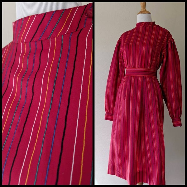 Vintage 70s 80s Red Rainbow Stripe 2 Piece Blouse and Skirt Career Set