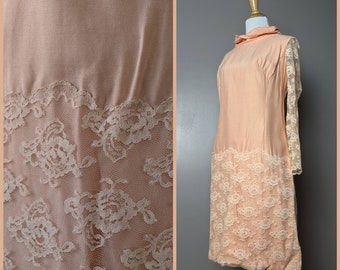 Vintage 60s Peach Lace Mod High Neck Cocktail Dress