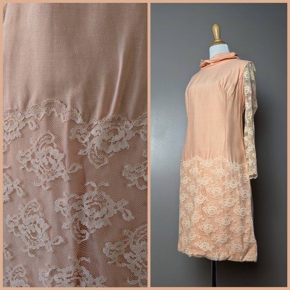 Vintage 60s Peach Lace Mod High Neck Cocktail Dre… - image 1