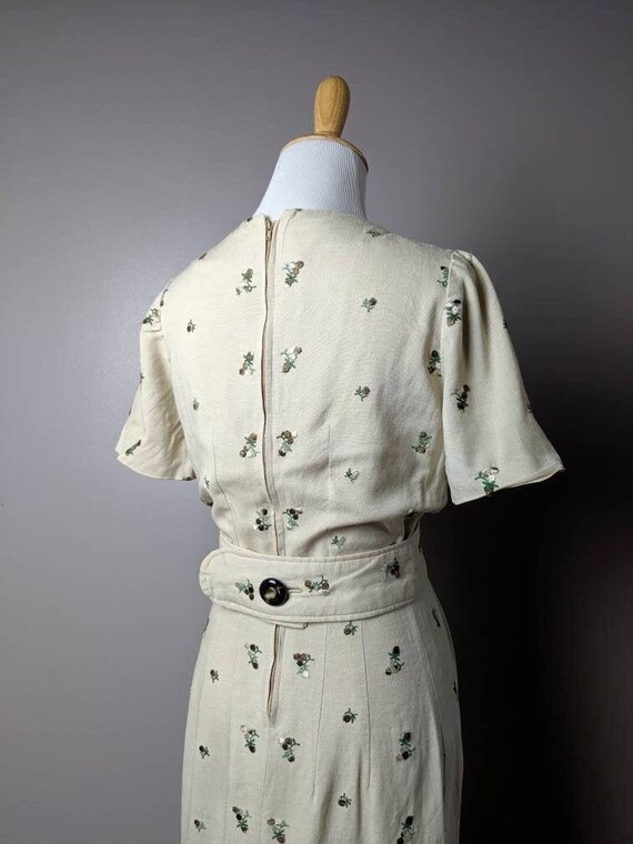 Vintage 40s 50s Beige and Brown Embroidered Dress