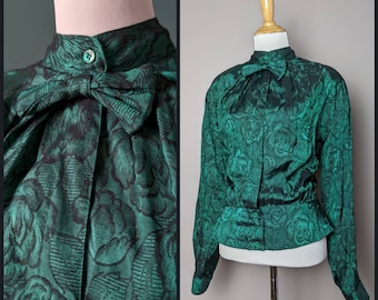 Vintage 80s Emerald Green Floral Bow Collar Anne Klein Blouse