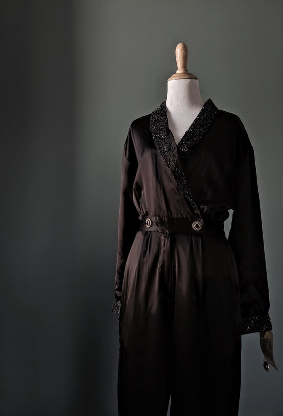 Vintage 90s Black Silk Beaded Jumpsuit Dead Stock… - image 9