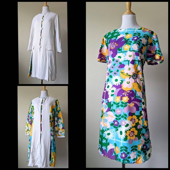 Vintage 50s 60s 2 piece floral dress and reversib… - image 1