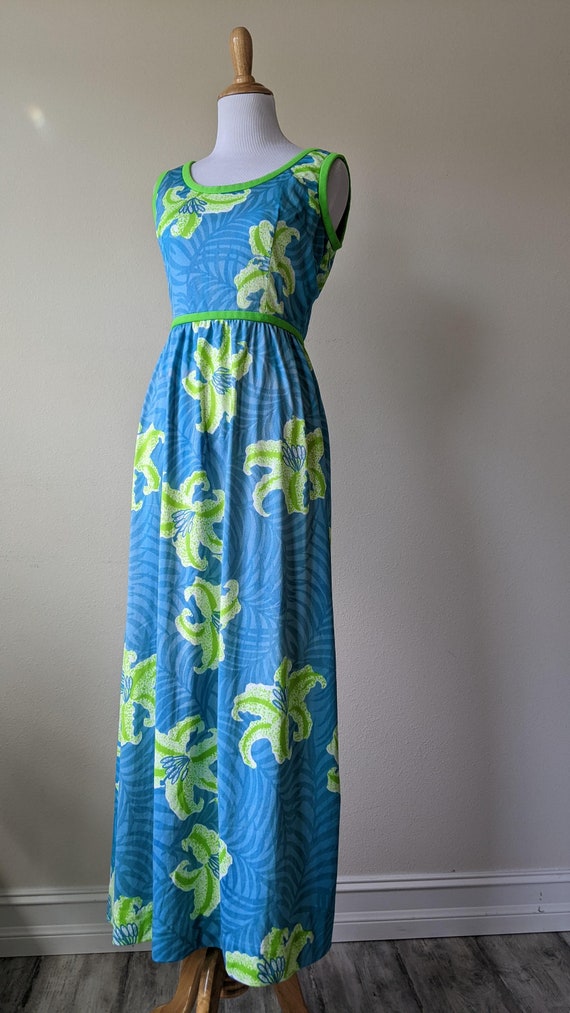 Vintage 60s 70s tropical floral turquoise floresc… - image 2