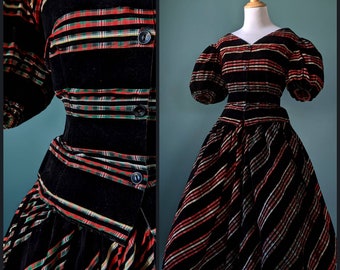 Vintage 40s 50s Black Velvet Plaid Taffeta 2 Piece Holiday Dress Set