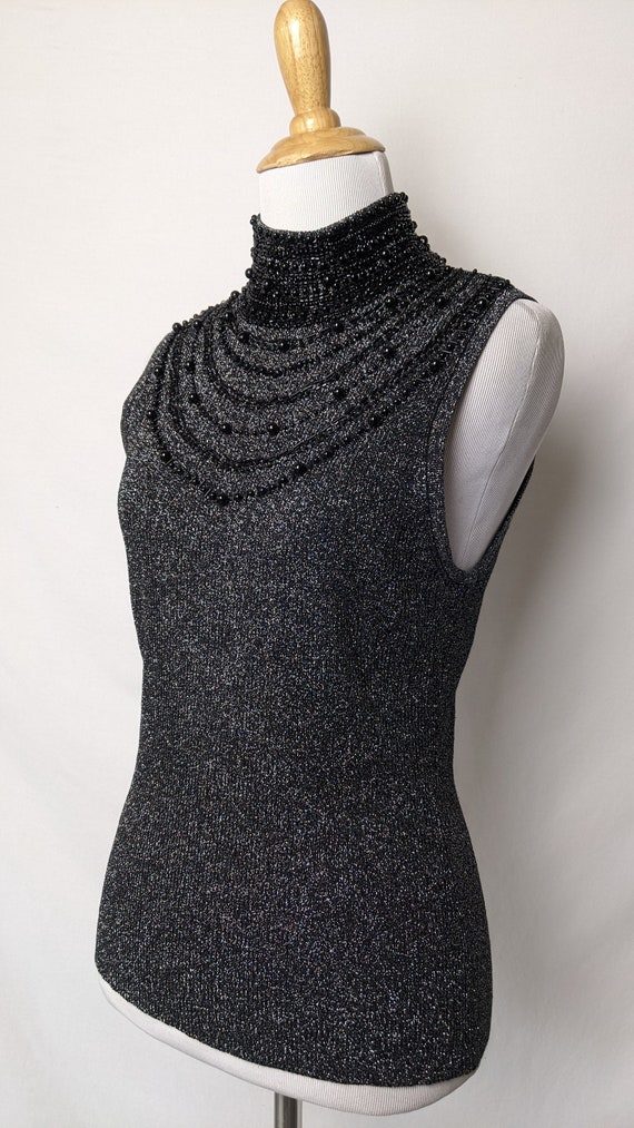 Vintage Black and Silver Lurex Beaded Knit Sparkl… - image 3