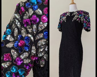 Vintage 80s 90s Black Teal Blue Pink Purple Silver Beaded Sequin Silk Cocktail dress