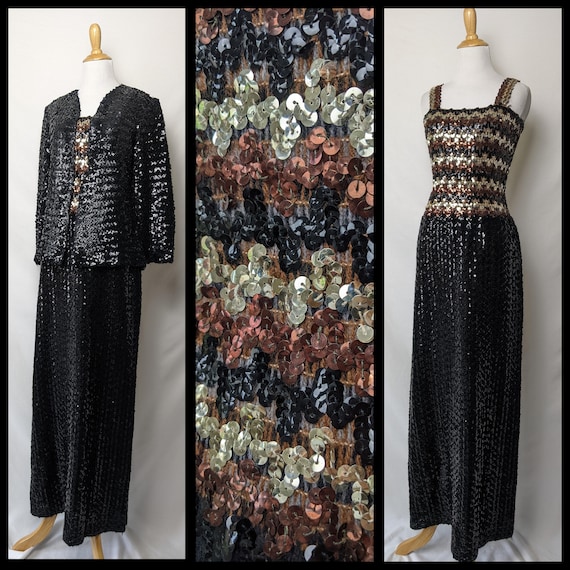 Vintage 60s 70s Black Gold and Bronze sequin dres… - image 1