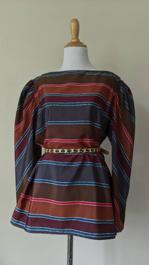 Vintage 70s 80s Tonal Brown Stripe Career Blouse - image 4