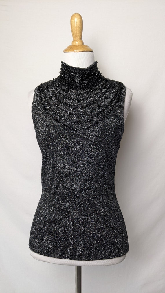 Vintage Black and Silver Lurex Beaded Knit Sparkl… - image 2