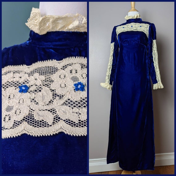 Vintage 60s 70s Royal Blue Velvet and Floral Lace