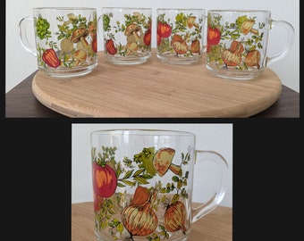 Vintage Arcoroc France Glass Mushroom and vegetable glass mug set of 4