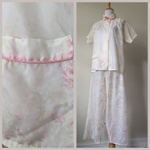 Vintage 1950s pink floral sheer see through transparent two piece pajama set top and bottoms maternity pajamas