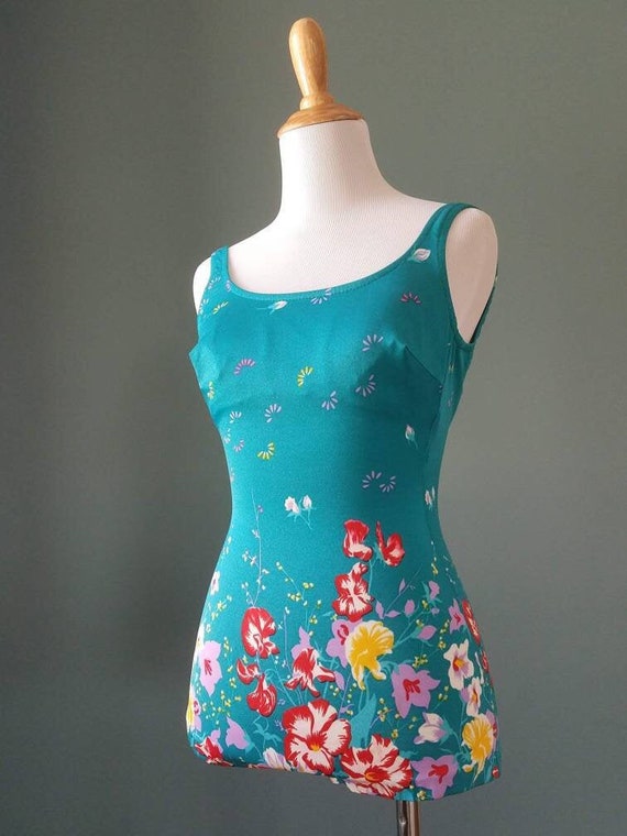 Vintage 70s Teal Blue Green Floral Pin up Swim Su… - image 3