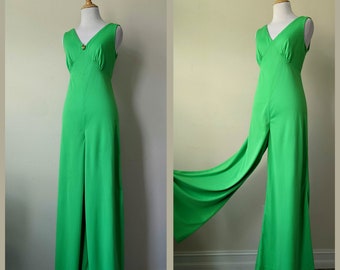 Vintage 60er 70er Jahre Lime grüner Kleid Glockenboden weites Bein Jumpsuit Pullover