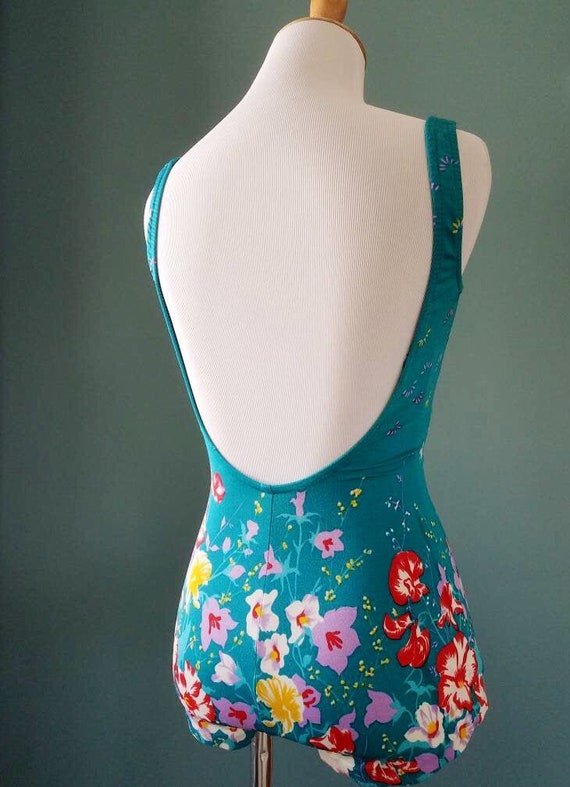 Vintage 70s Teal Blue Green Floral Pin up Swim Su… - image 4