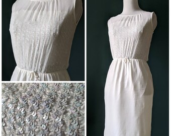 Vintage 60s White Silk Chiffon White Iridescent Aurora Borealis Mini Cocktail Bridal Dress Another Ann Barry Jr.