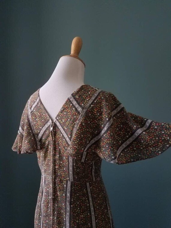 70s Bohemian Calico Flutter Sleeve Prairie Maxi Dr