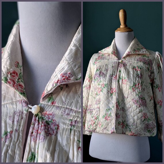 Vintage 40s 50s Floral Quilted Bed Jacket Robe