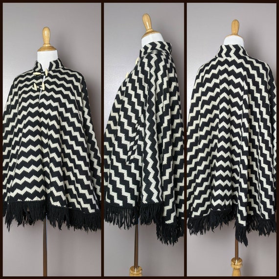 Vintage 50s 60s Black and White Chevron Wool Ponc… - image 6