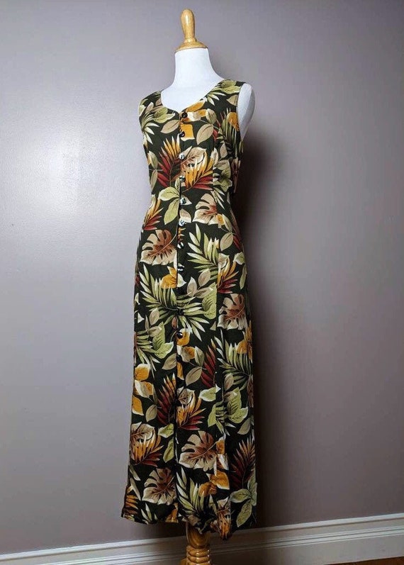 Vintage 90s Tropical Amazon Leaves Print Maxi Dres