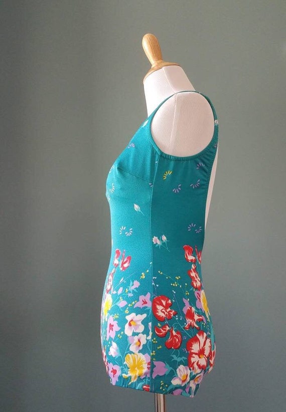 Vintage 70s Teal Blue Green Floral Pin up Swim Su… - image 5