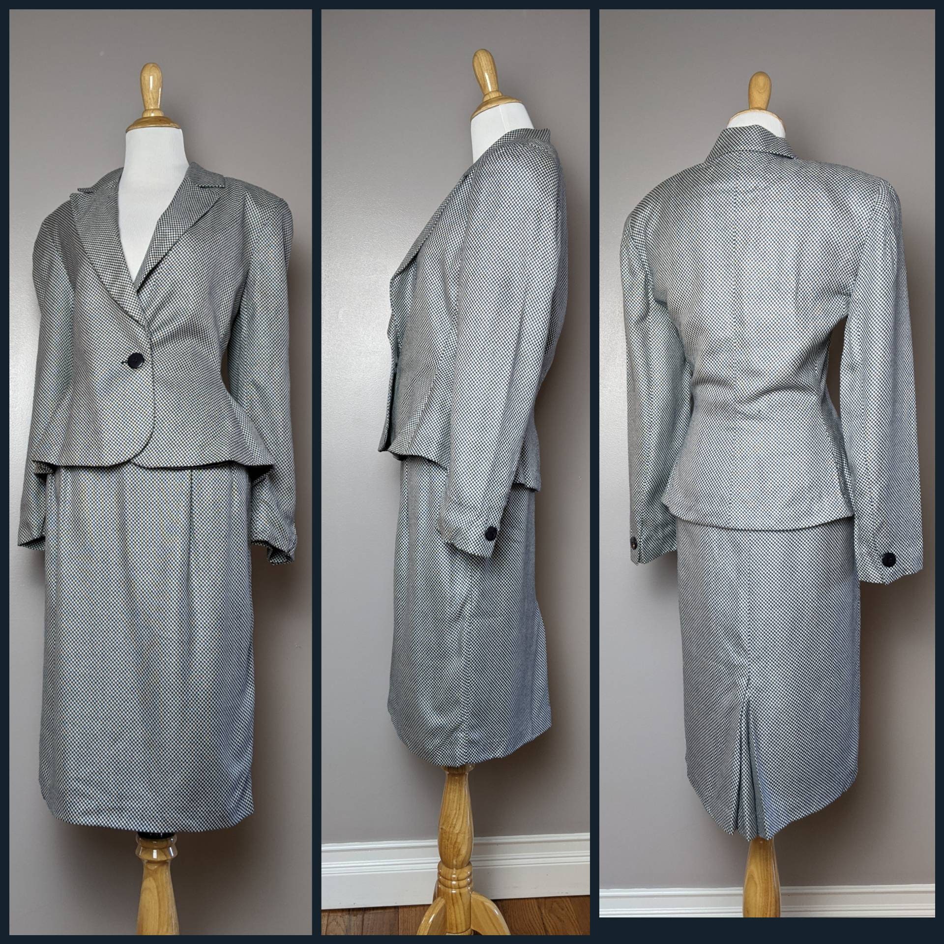 Vintage 80s Christian Dior Navy Blue and White Hounds Tooth Tweed Power Suit  Career Suit Set 