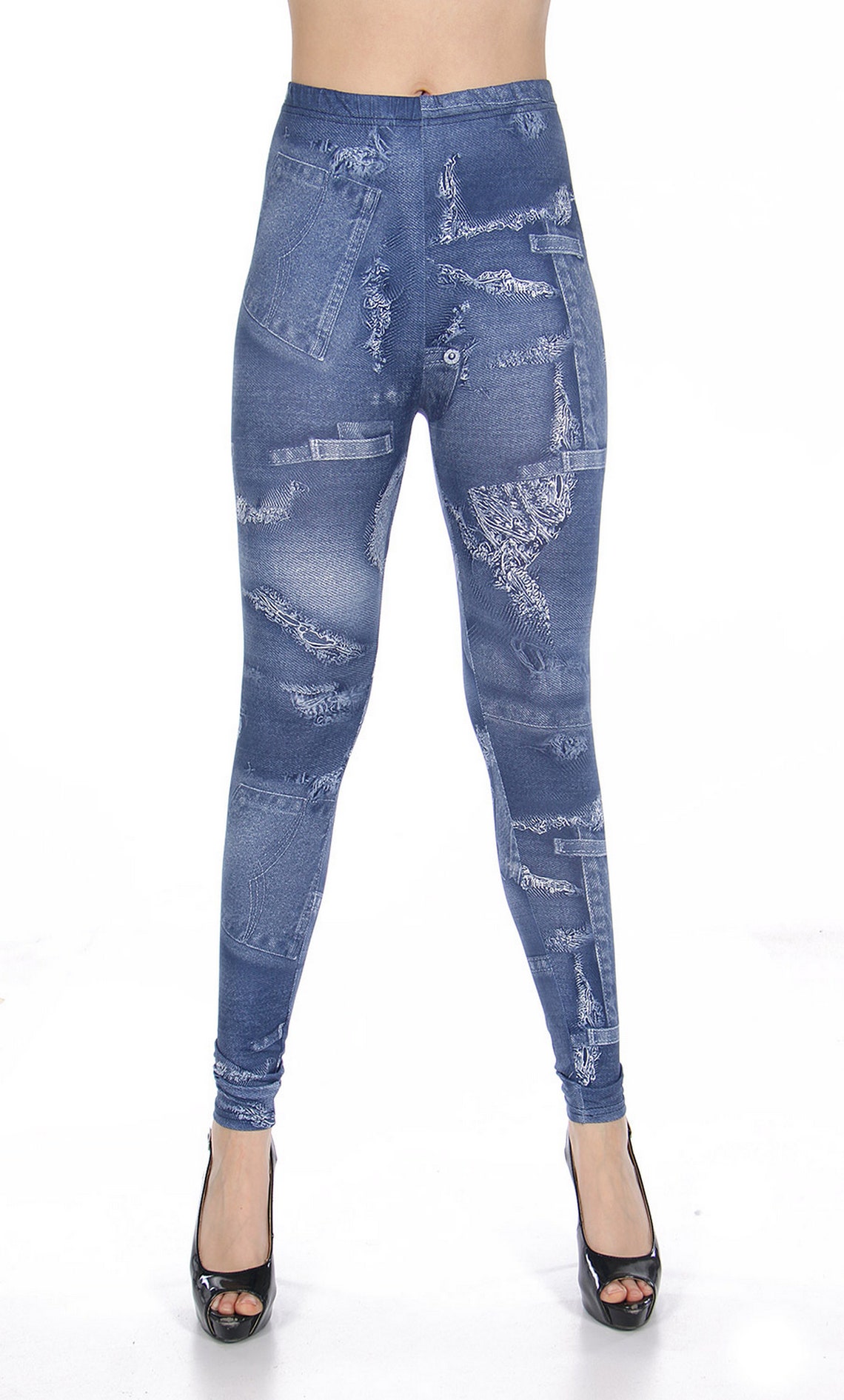 Cotton blend denim look print leggings Etsy
