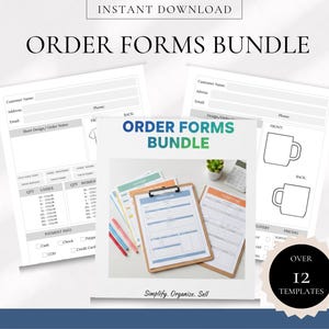 Könnte beinhalten: Digitaler Download eines Order Forms Bundles. Das Bild zeigt eine Reihe von druckbaren Bestellformularen mit Vorlagen für Kundendaten, Designnotizen und Zahlungsinformationen. Diese Formulare sollen den Prozess der Organisation und des Verkaufs von Produkten rationalisieren. Der Text "Instant Download" ist ebenfalls enthalten.